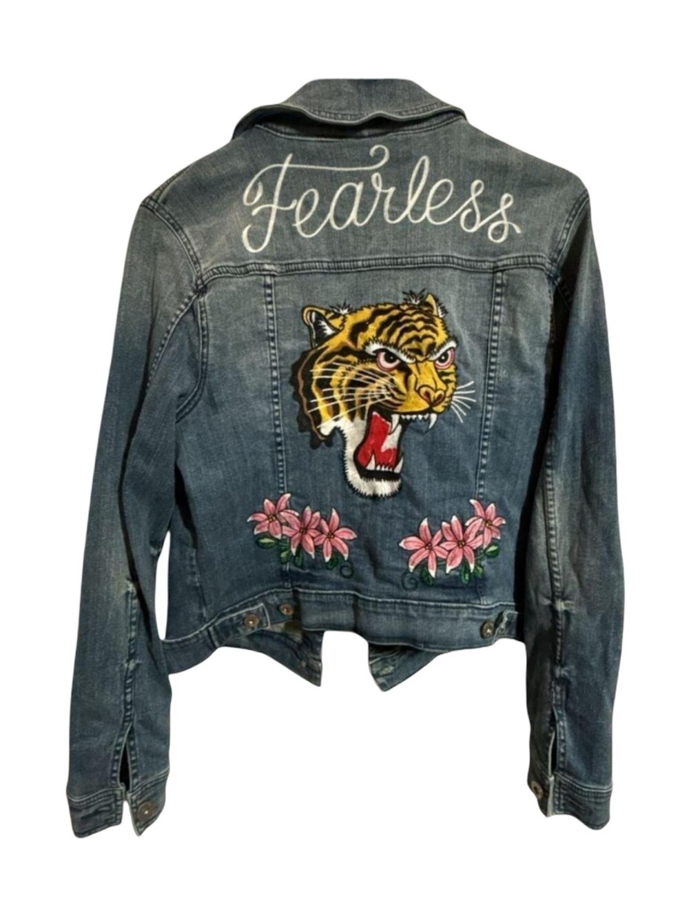 Torrid Fearless Embroidered Tiger Floral Denim Trucker Jacket Medium Wash Plus - Picture 4 of 16